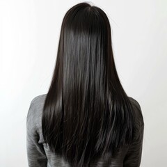 Woman is standing with her back to the camera, showing off her long, straight, black hair