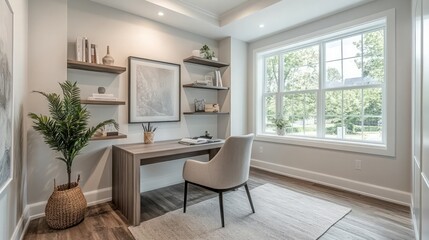 Fototapeta premium A designer designing a minimalist home office with a simple desk, chair, and a few decorative elements like a lamp and plant, focusing on a calm and organized atmosphere