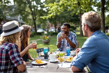 Neighbors talking and drinking at summer neighborhood block party in park
