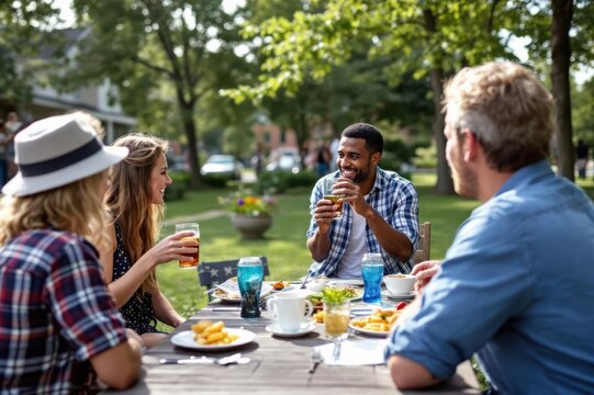 Neighbors talking and drinking at summer neighborhood block party in park - Powered by Adobe
