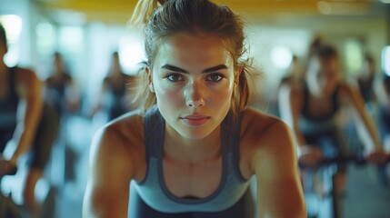 A cycling instructor leading an energetic group of participants in a high-intensity cycling class, with each participant focused on their workout on stationary bikes in a gym.