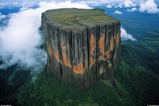 Majestic tepui rises above lush rainforest under a cloudy sky in the heart of South America