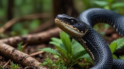Close-up of a black snake in a forest.