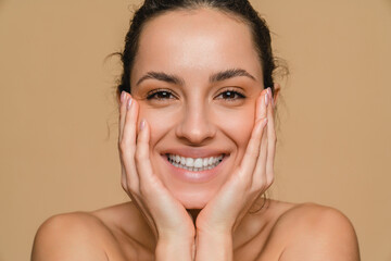 Aesthetic, facial and skincare cosmetic model woman touching cheeks for self love and wellness....