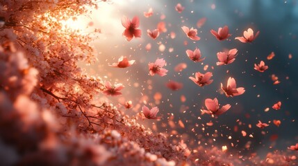 Sakura blossoms dance in the gentle breeze during springtime, creating a serene atmosphere filled with vibrant petals and warm sunlight