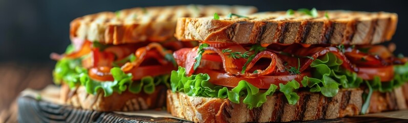 Two sandwiches with bacon and lettuce on them, food background, banner, copy space