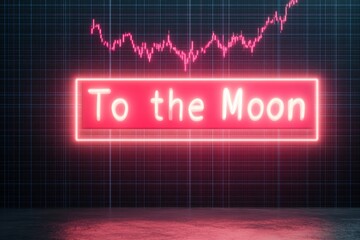 Neon To the Moon Sign with Digital Grid and Cryptocurrency Icons