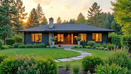 modern country house, cottage, in an ecologically clean place against the backdrop of a coniferous forest with a green lawn