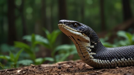Fototapeta premium Close-up of a black snake's head and neck, slightly raised, in a forest setting.