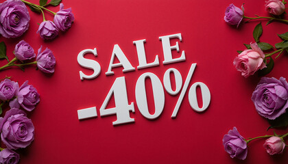 Sale -40% with roses on red background