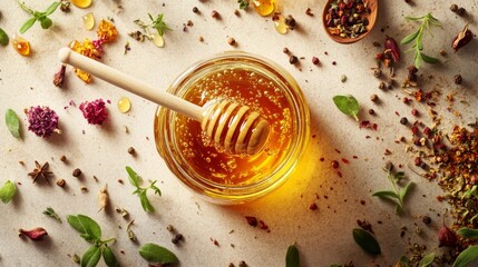 A jar of golden honey with a wooden honey dipper, surrounded by colorful herbs and spices on a...