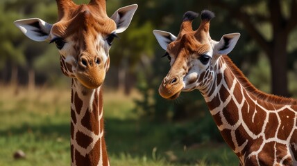 Fototapeta premium Two giraffes, one adult and one young, stand side-by-side in a grassy field.