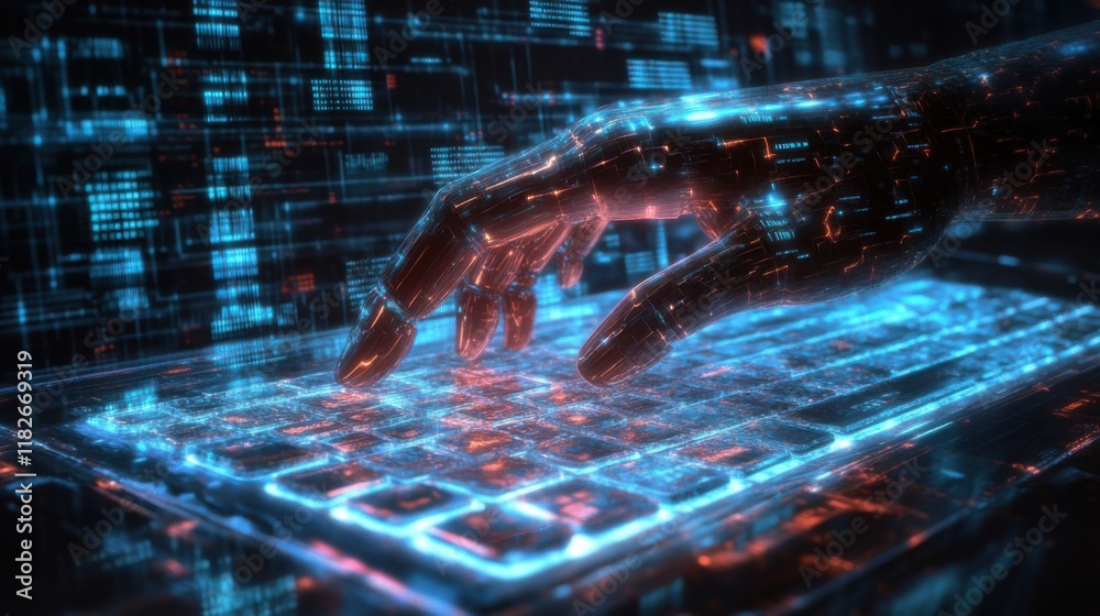 Poster digital hand interacting with glowing keyboard in high-tech environment representing modern technolo