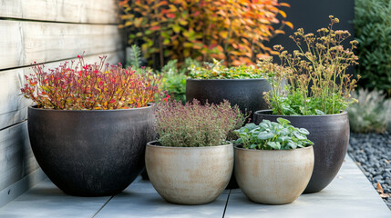 Outdoor flower pots with vibrant plants and herbs against a wooden wall. Modern garden decoration and sustainable landscaping concept for design and editorial use. 