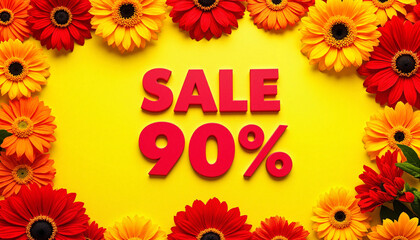 Floral sale advertisement with vibrant flowers on yellow background