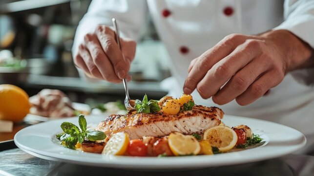 A chef plating a sophisticated seafood dish in a high-end restaurant, carefully arranging the components with precision and elegance.