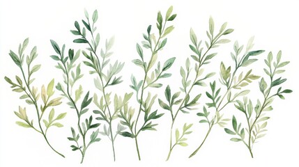 Delicate Watercolor Botanical Illustration of Green Leaves