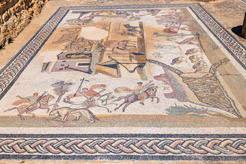 Obraz premium Ben Arous, Tunisia. Roman mosaic floor with a hunting scene at the Uthina Archaeological Site.