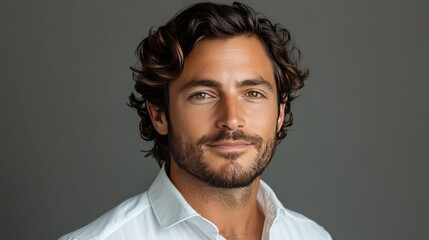 Obraz premium A man with wavy hair and a beard stands confidently in a white shirt, showcasing a warm smile and relaxed demeanor against a neutral backdrop, creating a friendly atmosphere