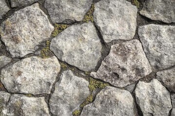 Obraz premium Natural stone wall texture featuring irregular shapes and mossy accents in a rustic setting