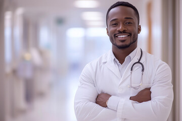 Fototapeta premium Mid Shot Portrait Of Black Skin Smiling Doctor In The Clinic