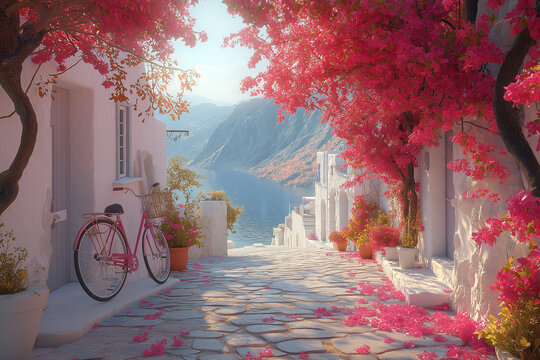Fototapeta Photo réaliste d’un village côtier grec ensoleillé, avec des ruelles pavées de pierre, des maisons blanches, et des bougainvilliers colorés