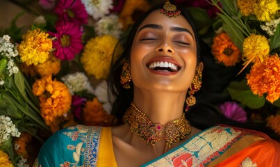 Fototapeta premium Joyful woman in traditional Indian saree, laughing with vibrant colors and intricate embroidery, surrounded by flowers, evoking celebration and culture