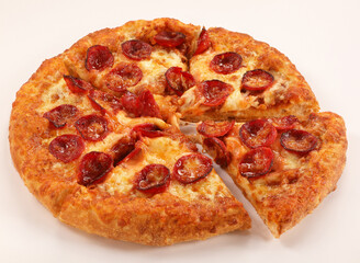 Beef Pepperoni Pizza with thick crust, Pizza top view on white background
