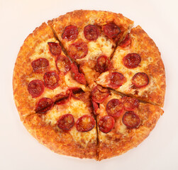 Beef Pepperoni Pizza with thick crust, Pizza top view on white background
