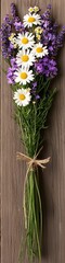 Fototapeta premium A beautiful bouquet of lavender and daisies tied with twine, showcasing vibrant purple and white flowers on a wooden background.