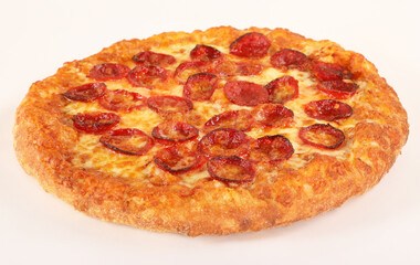 Beef Pepperoni Pizza with thick crust, Pizza top view on white background