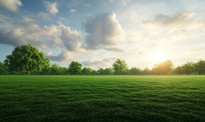 Obraz premium Large, open field with a few trees in the background. The sky is cloudy, but the sun is still shining through.