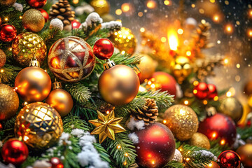 Close-up of richly decorated Christmas tree with gold and red ornaments, pine cones, and twinkling lights.