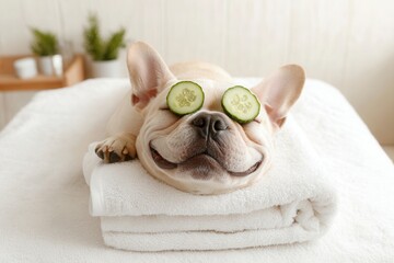 A relaxed dog enjoying a spa day at home with cucumber slices over its eyes, wrapped in a cozy towel while lounging in a comfortable chair	, spreading joy with happy expression