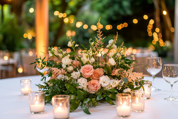 Fototapeta premium Elegant Floral Centerpiece with Candles on a Wedding Table in a Romantic Outdoor Setting