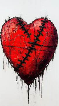 Red Stitched Heart Symbolizing Emotional Healing and Strength in Abstract Art