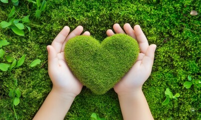 Eco Awareness, Child's Hands on Heart-Shaped Moss, Love for Nature