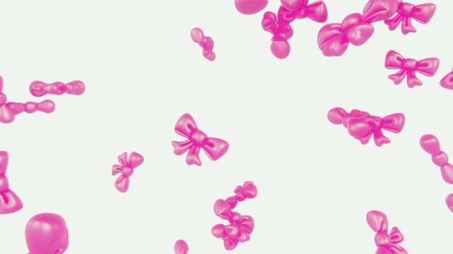 Abstract 3D backgrounds falling bows ribbons cute girly pink colours polished metallic confetti particles Valentine love event festive horizontal screen format social media content loop animation