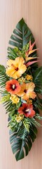 Vibrant arrangement of tropical flowers in warm hues, creating a cheerful and lively atmosphere.