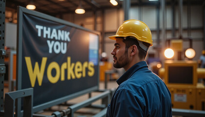 Dedicated worker appreciating appreciation banner in factory, gratitude
