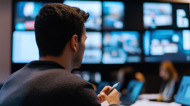Operator work, operator at work station, attentiveness, person watching, cameraman watching large number of surveillance cameras and many screens in front of him