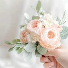 Delicate Peach Ranunculus Bouquet: A captivating image of a delicate peach ranunculus bouquet, accented with white flowers and eucalyptus leaves.