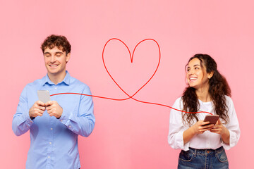 Young European man and woman using dating app on smartphones, couple connected with drawn heart...