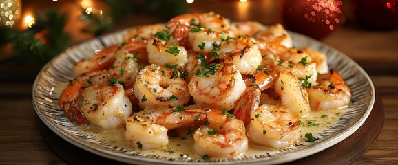 Shrimp glisten in a buttery garlic sauce, beautifully arranged on a stylish plate. The warm candlelight and decorations enhance the cozy holiday vibe, making it look freshly prepared