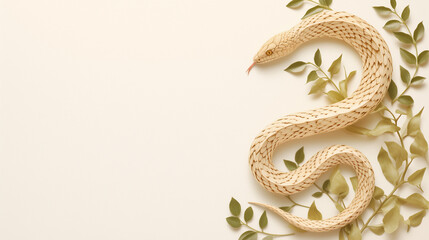 Fototapeta premium Decorative snake entwined with green leaves on a light background, capturing the essence of nature and elegance.