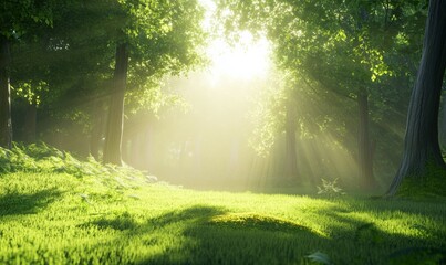 Fototapeta premium Lush green forest with a bright sun shining through the trees. The grass is covered in moss and the sunlight creates a peaceful and serene atmosphere
