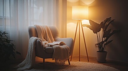 A designer arranging a cozy reading nook with a comfortable armchair, soft throw blanket, and a dimly lit floor lamp in a quiet, serene corner