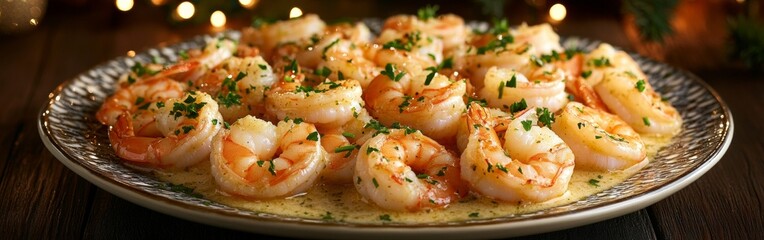 Succulent shrimp bathed in a rich garlic sauce, garnished with parsley, create an inviting centerpiece that enhances any holiday gathering, complete with a cozy ambiance