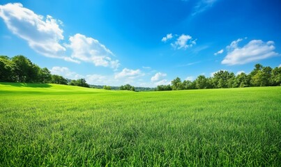 Obraz premium Lush green hillside with a clear blue sky in the background. Concept of tranquility and serenity, as the vast expanse of green grass stretches out as far as the eye can see