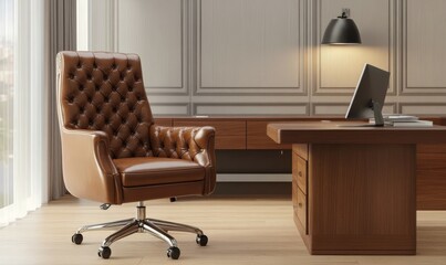 Luxurious brown leather chair and matching desk setup in contemporary office design.
